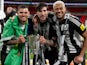 Newcastle United's Bruno Guimaraes, Sandro Tonali and Joelinton celebrate with the EFL Cup on March 16, 2025 Newcastle United's Bruno Guimaraes, Sandro Tonali and Joelinton celebrate with the EFL Cup on March 16, 2025