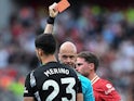 Arsenal's Mikel Merino is sent off on May 11, 2025