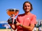 Stefanos Tsitsipas poses with the trophy after winning the Monte Carlo Masters on April 14, 2024
